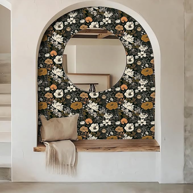17.3"x118" Vintage Wallpaper Boho Peel and Stick Dark Floral Wall Paper Contact Paper Wildflowers Botanical Papers Removable Renter Friendly Wallpaper