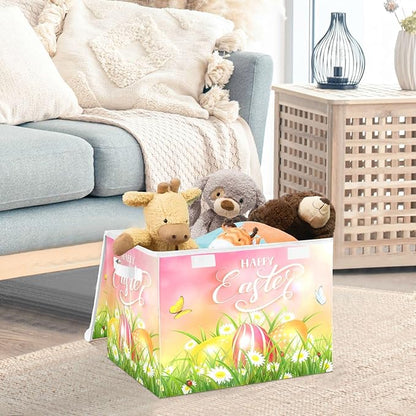 senya Easter Storage Baskets Collapsible Storage Bins with Lids, Happy Easter Eggs and Butterfly Storage Boxes Clothes Baskets for Organizing