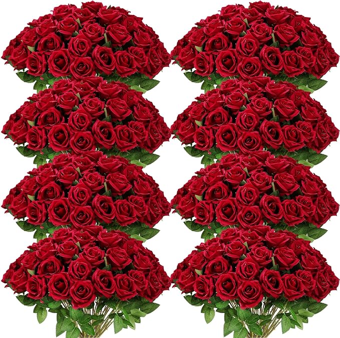 Hotop 120 Pcs Roses Artificial Flowers in Bulk,Long Stem Artificial Flower Bouquet,Silk Real Touch Fake Rose for Wedding Party Table Centerpieces Decor Valentines Gifts(Wine Red)