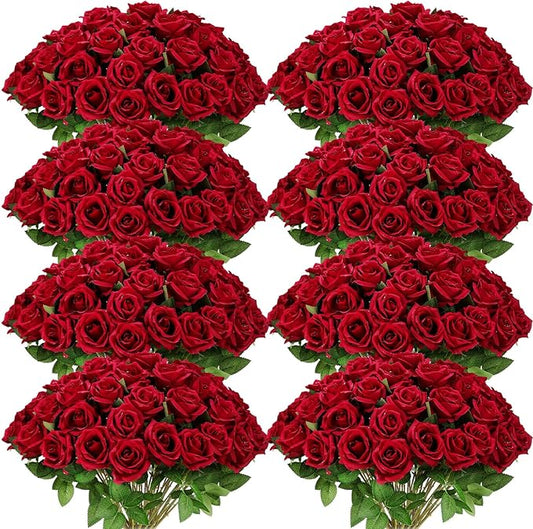 Hotop 120 Pcs Roses Artificial Flowers in Bulk,Long Stem Artificial Flower Bouquet,Silk Real Touch Fake Rose for Wedding Party Table Centerpieces Decor Valentines Gifts(Wine Red)