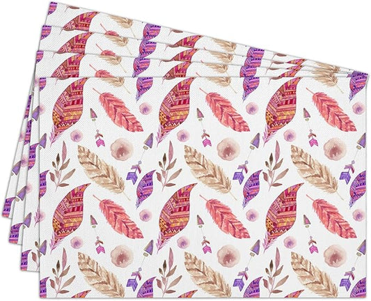 Cotton Linen Waterproof Placemats Set of 4, Feathers Leaves Dining Mat Table Mats Decor Fabric for Kitchen Dinner Coffee Shop Table, Indoor/Outdoor Washable Wipeable Placemat -N024