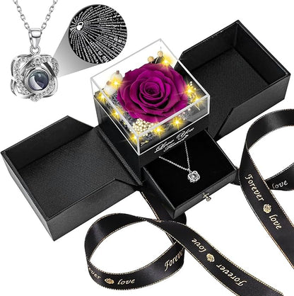 Preserved Purple Real Rose-Eternal Flowers Rose Birthday Gifts for Her Mom Wife Girlfriend Grandma on Valentines Mothers Day Christmas Anniversary Romantic with Heart I Love You Necklace-Purple