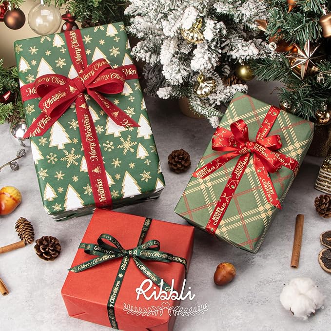 Ribbli Christmas Tree with Gold Snowflake Kraft Wrapping Paper Roll, Holiday Presents Decoration, Mini Roll - 17 Inch x 33 Feet Per roll