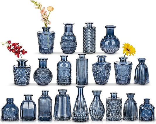 Glass Bud Vases Set of 20, Small Flower Vase in Bulk for Centerpieces, Mini Vintage Blue Vases for Rustic Wedding Vintage Home Table Decor