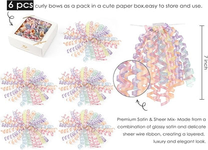 HUIHUANG Pastel Bows for Gift Wrapping 7" Pastel Rainbow Curly Gift Bow Self Adhesive & Twist Tie Ribbon Bows for Presents Gifts Easter Baskets Baby Shower Party Favors- 6 Counts