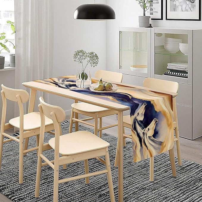 Marble Horse Table Runner, Dark Blue Gold Marble Abstract Horses Gold Natural Liquid Texture Dinner Runner Table Decoration for Home Kitchen Dining Holiday Party 13x60in
