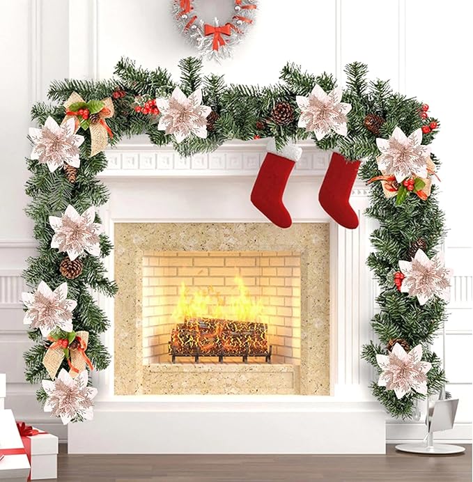 Zhuqing 15Pcs Christmas Poinsettia Artificial Flowers Decorations, Glitter Poinsettia Christmas Tree Ornaments, Rosegold Tree Flower for Xmas/Party/Holiday/Wreath/Garland Decor, with Cilps, 5.5 Inch