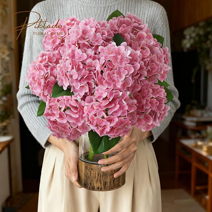 A Bunch 21in, Real Touch Hydrangea Artificial Flowers，,with 5pcs Flower Head 10pcs Leaves, Faux Hydrangea Flowers for Home Office Decor Wedding Party Arrangements (1, Pink)