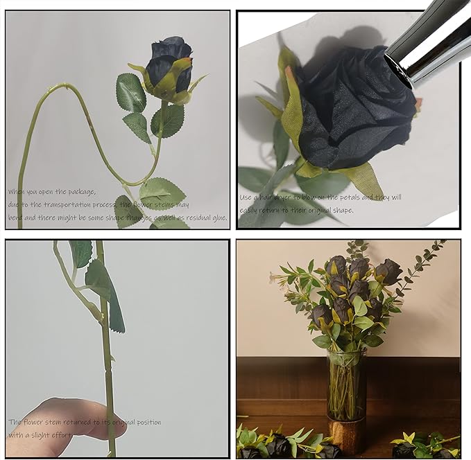 Artificial Roses 10 Pcs - Lifelike Single Stem Fake Roses with Natural Petal Texture,Fade-Resistant Silk Flowers for Wedding Decor,Home Vase Arrangements,Party Centerpieces(10, Black)
