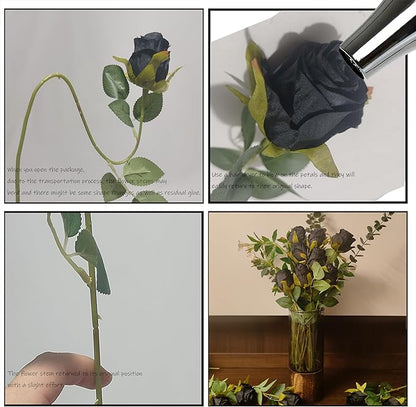 Artificial Roses 10 Pcs - Lifelike Single Stem Fake Roses with Natural Petal Texture,Fade-Resistant Silk Flowers for Wedding Decor,Home Vase Arrangements,Party Centerpieces(10, Black)