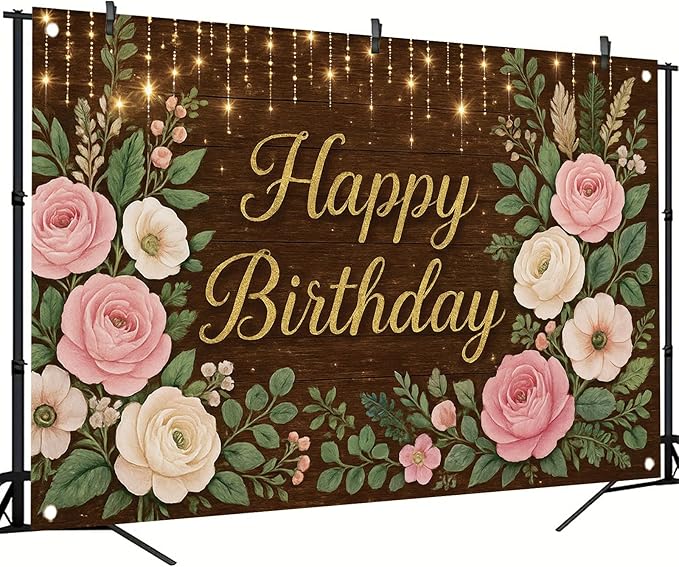 Rustic Wood Floral Birthday Backdrop Banner Pink Flower Wooden Happy Birthday Photography Background Women Girls Wedding Baby Shower Decor Party Decorations Photo Studio Props 6x4ft