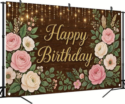 Rustic Wood Floral Birthday Backdrop Banner Pink Flower Wooden Happy Birthday Photography Background Women Girls Wedding Baby Shower Decor Party Decorations Photo Studio Props 6x4ft