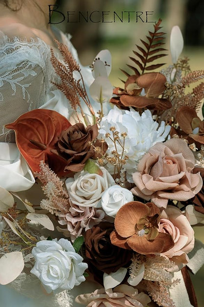 14 Inch Walnut Brown Bridal Bouquet,Wedding Bouquet,Bride Bouquets for Wedding Ceremony Anniversary, Boho Wedding,Party and French Rustic Vintage Wedding,Artificial Flowers