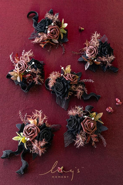 Ling's moment 6pcs Wedding Wrist Corsage Artificial Flowers, Girl/Mother Homecoming Prom Corsages Wristlet Halloween Décor, etc. Black Gothic Burgundy