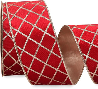 Ribbli Red Velvet Ribbon Wired with Glitter Diamond Grid 2-1/2 Inch Christmas Ribbon for Christmas Tree Decoration Big Bow Gift Wrapping Crafts Wreaths Garland Supplies - 10 Yards
