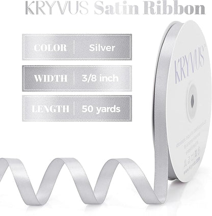 Silver Satin Ribbon, Double Faced 3/8 Inch X 50 Yards Silver Ribbon, Premium Satin Ribbon for Gift Wrapping, Crafts, Hair Bow Making, Sewing, Flower Bouquet, Wedding Party Decor