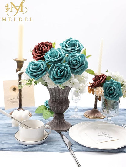 Meldel Artificial Flowers 25pcs Real Looking Dark Teal Foam Fake Roses with Stems for DIY Wedding Bouquets Bridal Shower Centerpieces Floral Arrangements Home Decorations Crafts Rose