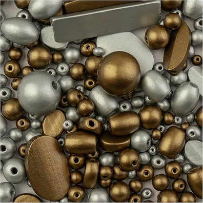 John Bead 90g Craft Beads Silver and Gold Wood Beads with Elastic Nylon Cord