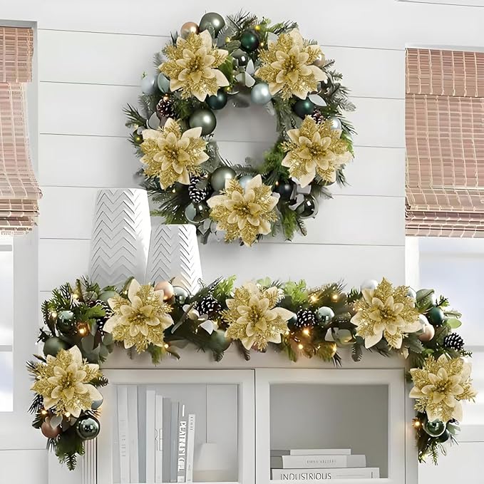 12 PCS Poinsettia Flower Artificial Gold Christmas Flowers Artificial 5.5'' Glitter Poinsettias Artificial Christmas Tree Flower with Clips DIY Xmas Wreath Holiday New Year Home Party Decor