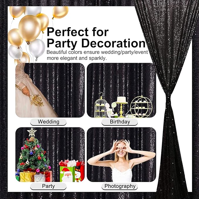 Black Sequin Backdrop Curtains Glitter Drapes 2FTx8FT 4 Panels for Wedding Birthday Party Decorations Bridal Baby Shower Party Supplies Sparkly Photography Background