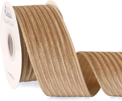 Ribbli Glossy Khaki Velvet Wired Ribbon 2.5 Inch Striped Velvet Christmas Ribbon for Gift Wrapping Christmas Tree Decoration Crafts Wreaths Supplies-Continuous 10 Yards