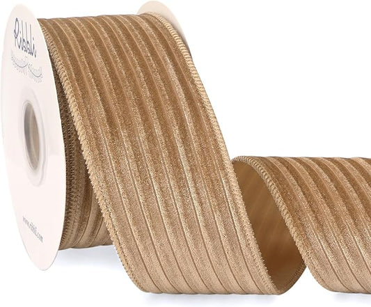 Ribbli Glossy Khaki Velvet Wired Ribbon 2.5 Inch Striped Velvet Christmas Ribbon for Gift Wrapping Christmas Tree Decoration Crafts Wreaths Supplies-Continuous 10 Yards