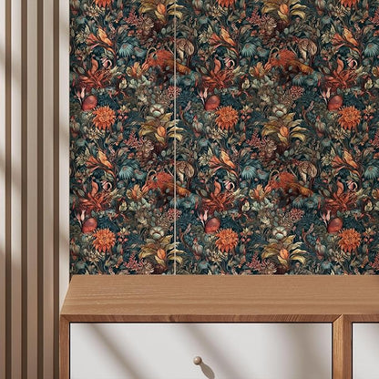 Vintage Floral Peel and Stick Wallpaper Mysterious Animal Forest Self Adhesive Removable Easy Peel Off Stick on Wall Paper for Bedroom Cabinet Renter Friendly 17.71"*118.1"