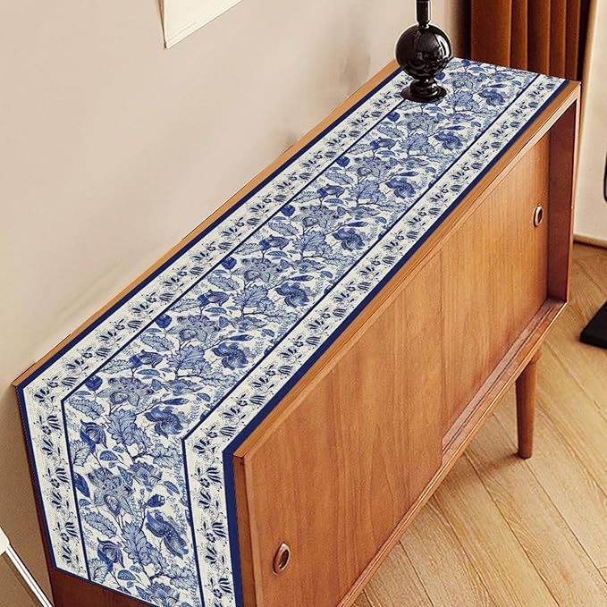 Blue Floral Table Runner, Rustic Vintage Paisley Floral Retro Boho Art Linen Coffee Table Center Decor for Family Kitchen Farmhouse Holiday Party Table Decorations Indoor Outdoor 13x72 inch