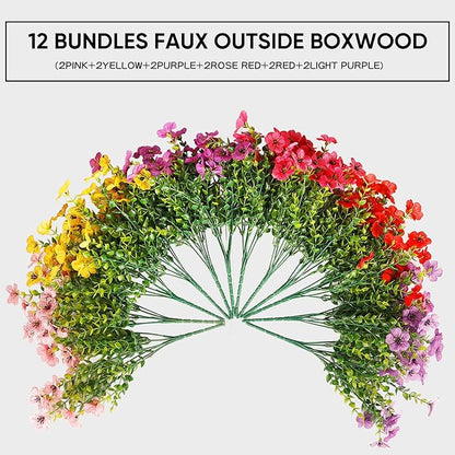 Artificial Flowers for Outdoor,12 Bundles Silk Fake Flowers,UV Resistant Realistic Plastic Faux Plants,No Fade Colorful Daisy for Porch,Patio,Garden,Window Box(6 Multicolor)