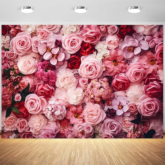 12x8ft Flower Backdrop Pink Red Rose Flowers Floral Wall Photography Background Birthday Baby Shower Wedding Party Banner Decorations Supplies Photo Booth Props