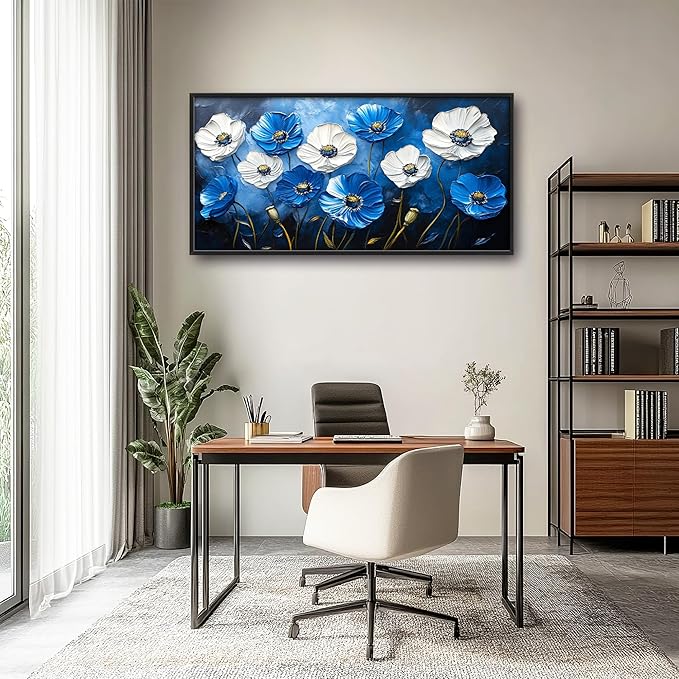 Poppy Large Wall Art Framed Blue Flower Wall Decor for Living Room, Poppies Pictures Oversized Canvas Print Painting Modern Extra Large Framed Artwork for Bedroom Office Home Decor 60"x30"