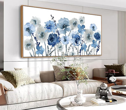 Framed Flowers Canvas Wall Art - Indigo Floral Canvas Pictures Living Room Wall Decor Botanical Canvas Prints Painting Abstract Artwork Bedroom Office Home Decor 20"x 40"