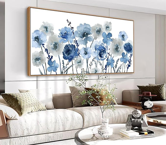 Framed Flowers Canvas Wall Art - Indigo Floral Canvas Pictures Living Room Wall Decor Botanical Canvas Prints Painting Abstract Artwork Bedroom Office Home Decor 20"x 40"