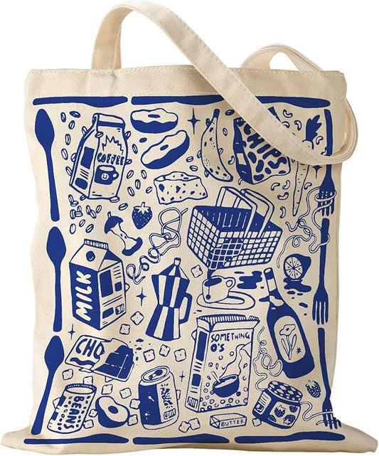 Aesthetic Canvas Tote Bag with Pattern for Women, Funny Groovy Blue Doodle Western Food Art Style Design, Casual Cloth Cotton Totes Bag for Vacation, Shopping, Grocery, Gym