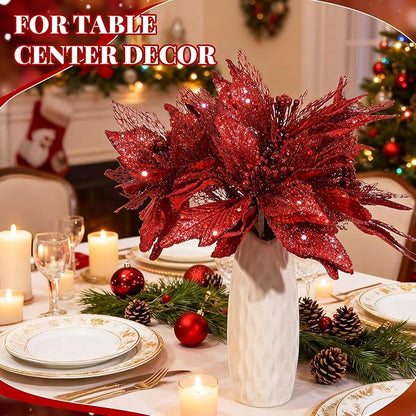 Yerliker 108 Pcs Red Glitter Christmas Picks and Sprays, 12 Styles Artificial Christmas Floral Berry Branches Flowers Stems for Xmas Tree Ornaments Wreath Garland DIY Vase Holiday Party Decor