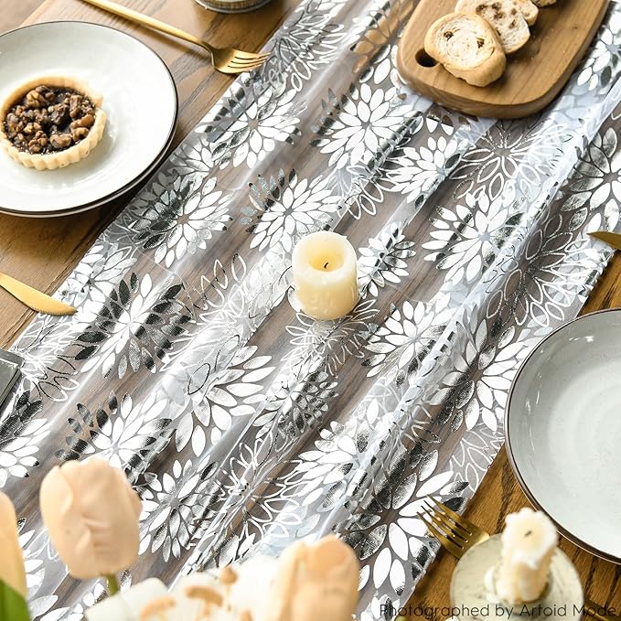 Artoid Mode White Silver Dahlia Flower Gauze Table Runner 120 Inch 10FT, Glitter Metallic Foil Seasonal Sheer Dining Holiday Table Decor for Home Party