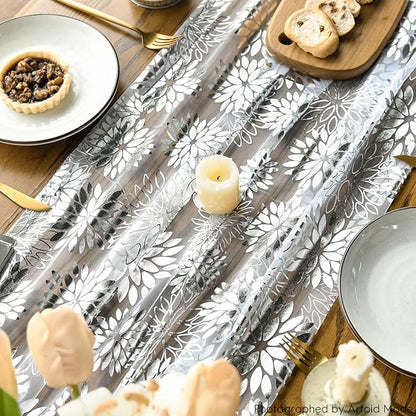 Artoid Mode White Silver Dahlia Flower Gauze Table Runner 120 Inch 10FT, Glitter Metallic Foil Seasonal Sheer Dining Holiday Table Decor for Home Party