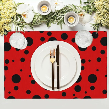 Black Spots Placemats Set of 4, 12x18 Inch Non-Slip Washable Heat Resistant Linen Fabric Table Mats,Place Mats for Holiday Party