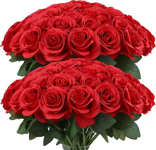 30pcs Red Roses Artificial Flowers Red Fake Flowers with Long Stems Silk Flowers for Wedding Bouquet Centerpices Decorations Party Bridal Baby Shower Home Decor