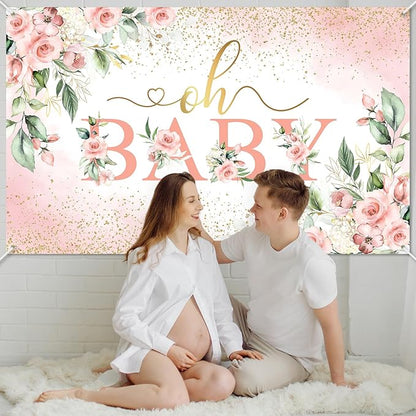 Mocsicka Oh Baby Backdrop Banner Girl Baby Shower Background Pink Floral Oh Baby Baby Shower Party Decorations Photo Booth Props (Pink, 6x3.6ft)