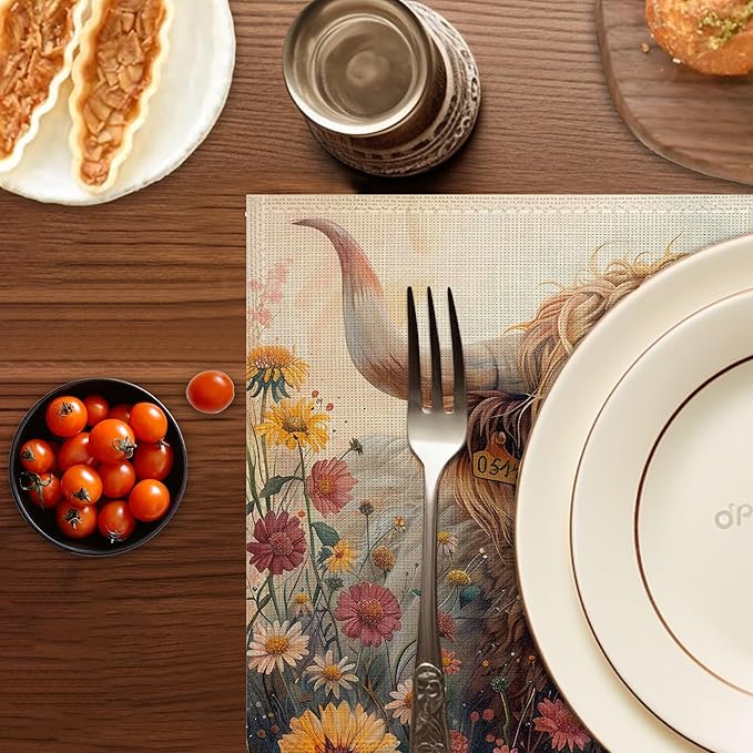 Highland Cow Fall Placemats Set of 6,Washable Heat Resistant 12×18 Inch Linen Table Mats Summer Fall Place Mats for Party Outdoor Dining Décor