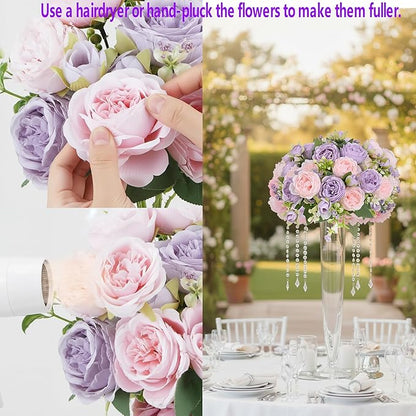 Peonies Artificial Flowers 12 Bundles Pink Flowers Bouquet, Lifelike Silk Fake Peonies with Stems for Home Table Centerpieces, Wedding, Party & DIY Bridal Floral Arrangements (Light Purple)