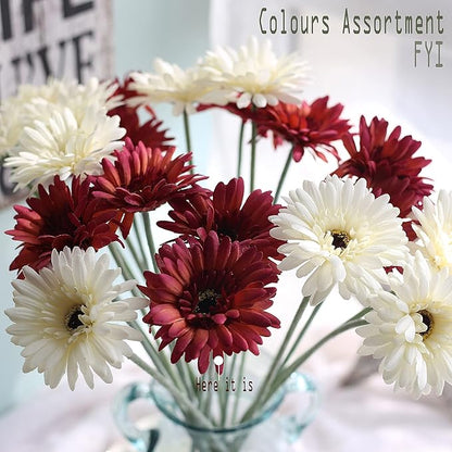 12pcs Artificial Gerbera Daisies,22 Inch Long Stem Silk Daisy Flowers,Realistic Artificial Flower Mums for Home Décor Centerpiece Wreath Supplies Wedding Bouquet,Wine