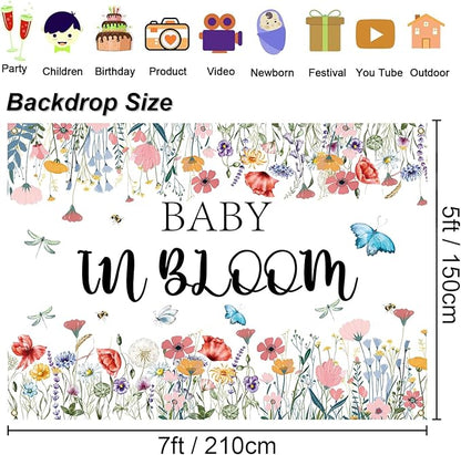 Baby in Bloom Backdrop 7x5ft, Floral Baby Shower Background for Girl, Spring Garden Theme Gender Reveal Party Decorations Banner, Wildflower Butterfly Baby Shower Photo Booth Photography