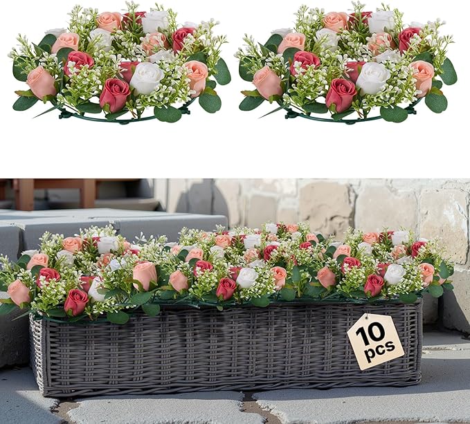 VEVOR Artificial Rose Wreath, 14-Inch Diameter Faux Flower Wreath with Pink and White Roses, Flower Arrangement Centerpiece for Valentine's, Mother's Day, Party, Wedding and Home Table Décor, 10 PCS
