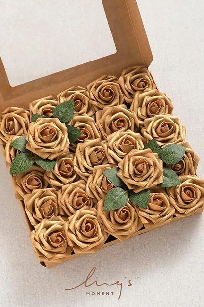 Ling's moment Fall Artificial Flowers 25Pcs Shimmer Gold Roses w/Stems,3" Real Touch DIY Foam Floral for Wedding Bouquet/Centerpieces, Outdoors Party Backdrop, Room/Table, and Garden/Pot Decorations