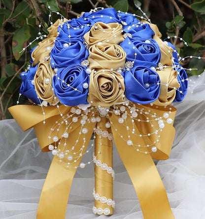 Bridal Wedding Bouquet Round Bling Brooch Bouquet Throw Toss Artificial Rose Flower Bunch for Bride Bridesmaid Wedding Quinceanera(Royal Blue & Gold, 6.3")