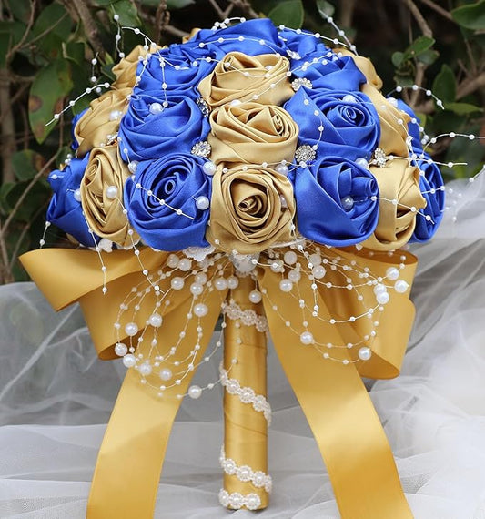 Bridal Wedding Bouquet Round Bling Brooch Bouquet Throw Toss Artificial Rose Flower Bunch for Bride Bridesmaid Wedding Quinceanera(Royal Blue & Gold, 6.3")