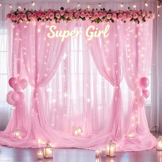 30×10ft Pink Tulle Backdrop Curtain with Lights String for Parties, Sheer Photo Backdrop Curtains for Wedding Party Photography Background