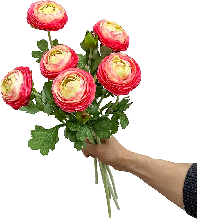 ATFL Pink Ranunculus Artificial Flowers,6 Pcs Artificial Faux Silk Ranunculus Flowers with Real Touch Stems,Fake Peony Flowers for Floral Arrangements DIY Wedding Bouquet Party Table Home Decor